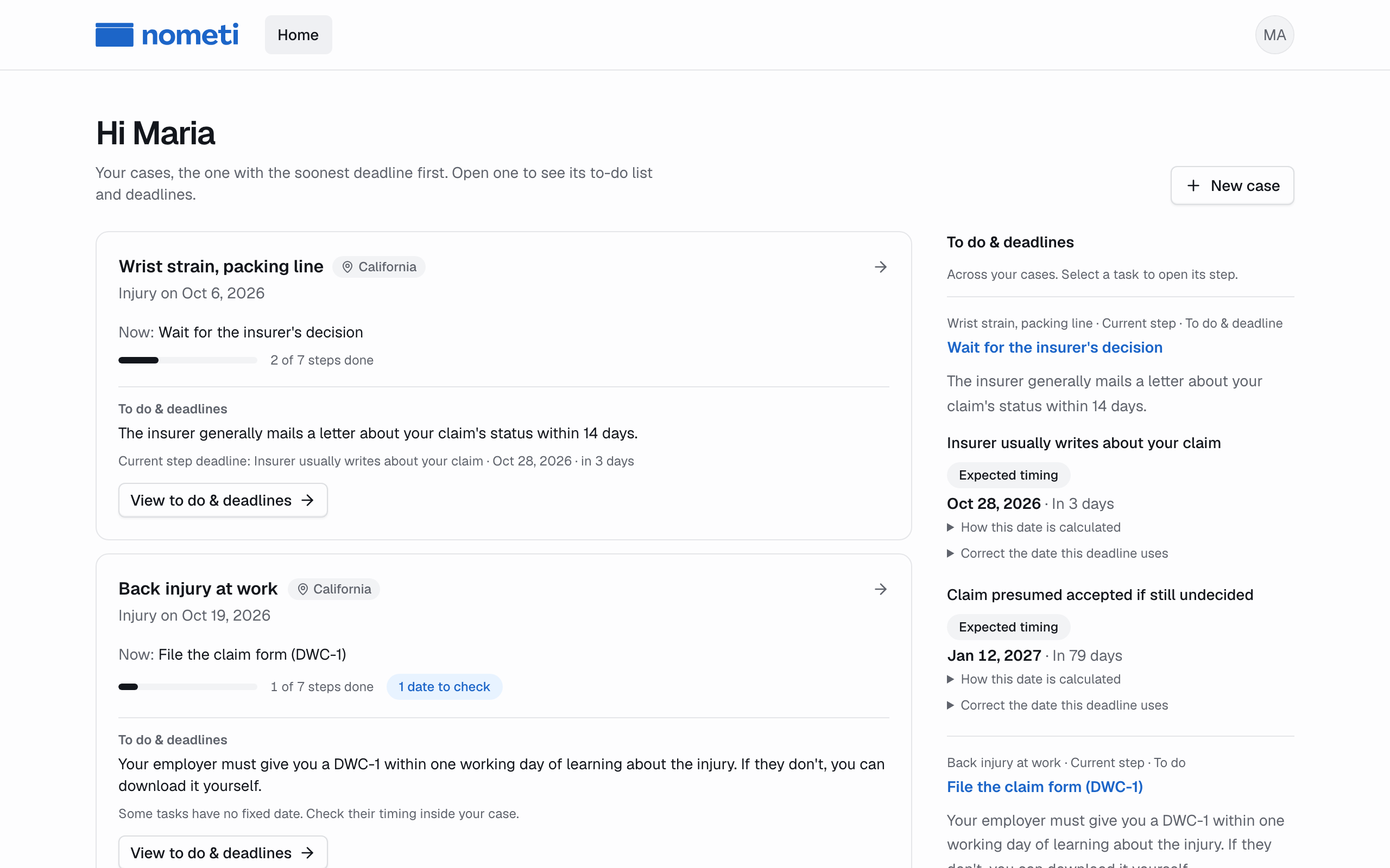 The Nometi home screen: two claims, each with its current step, and the deadlines across both